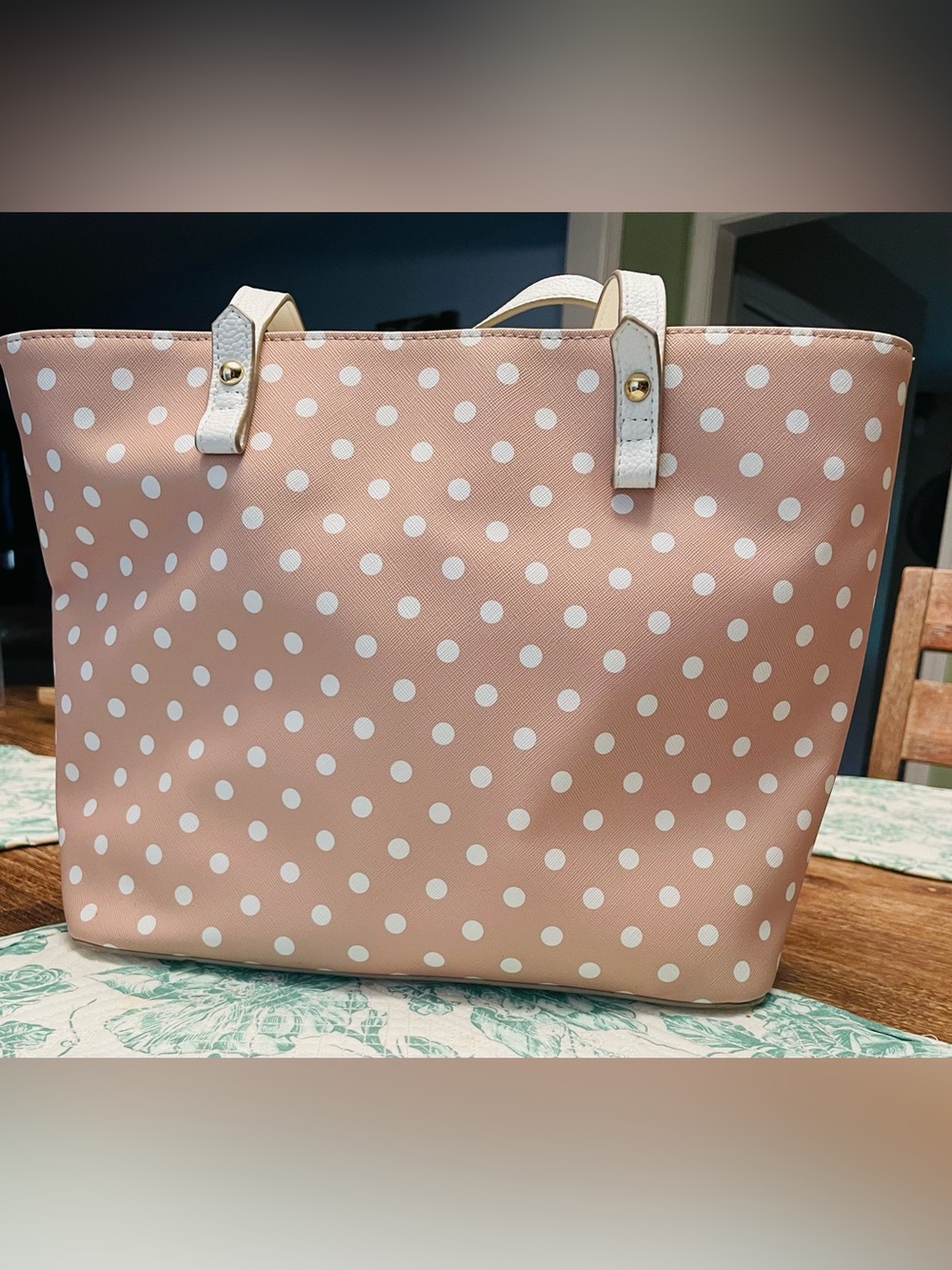 Nanette Lepore Tan/Peach and White Polka Dot Tote - Picture 7 of 11
